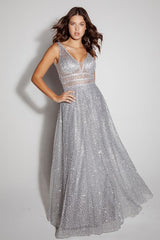 Sparkling A line Evening Dress with rhinestones and V back