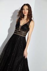 Sparkling A line Evening Dress with rhinestones and V back
