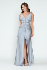 V-Neck Middle Slit Draped Long Formal Dress