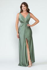 V-Neck Middle Slit Draped Long Formal Dress