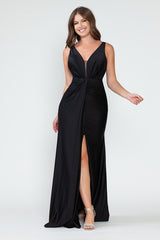 V-Neck Middle Slit Draped Long Formal Dress