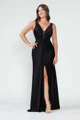 V-Neck Middle Slit Draped Long Formal Dress