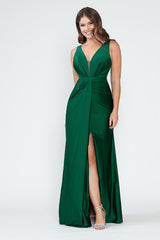 V-Neck Middle Slit Draped Long Formal Dress