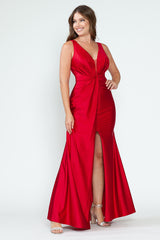 V-Neck Middle Slit Draped Long Formal Dress