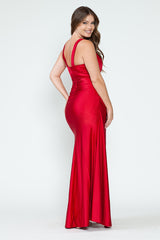 V-Neck Middle Slit Draped Long Formal Dress