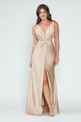 V-Neck Middle Slit Draped Long Formal Dress