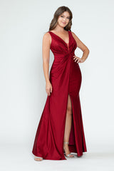 V-Neck Middle Slit Draped Long Formal Dress