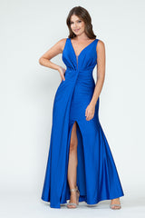 V-Neck Middle Slit Draped Long Formal Dress