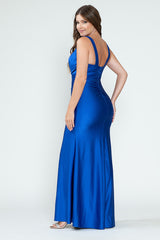 V-Neck Middle Slit Draped Long Formal Dress