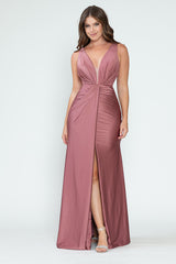 V-Neck Middle Slit Draped Long Formal Dress