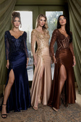 Luxury Beaded Satin Evening Gown with Corset Bodice & High Slit – Long Sleeve Formal Dress - SI8431SI
