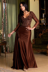 Luxury Beaded Satin Evening Gown with Corset Bodice & High Slit – Long Sleeve Formal Dress - SI8431SI