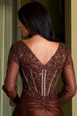 Luxury Beaded Satin Evening Gown with Corset Bodice & High Slit – Long Sleeve Formal Dress - SI8431SI