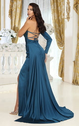 One-Shoulder Satin Evening Gown with Beaded Lace & High Slit-SI1985