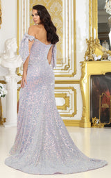 Lilac Iridescent Sequin Off-Shoulder Gown – Mermaid Fit with Draped Sleeves & Slit-SI2023