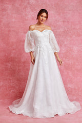 Off Shoulder Puff Sleeves A Line Wedding Dress