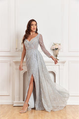 NR23517- One shoulder heavy beaded gown with split