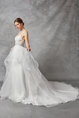 Off White A-Line Boho Wedding Dress with Multilayer skirt