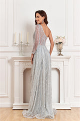 NR23517- One shoulder heavy beaded gown with split