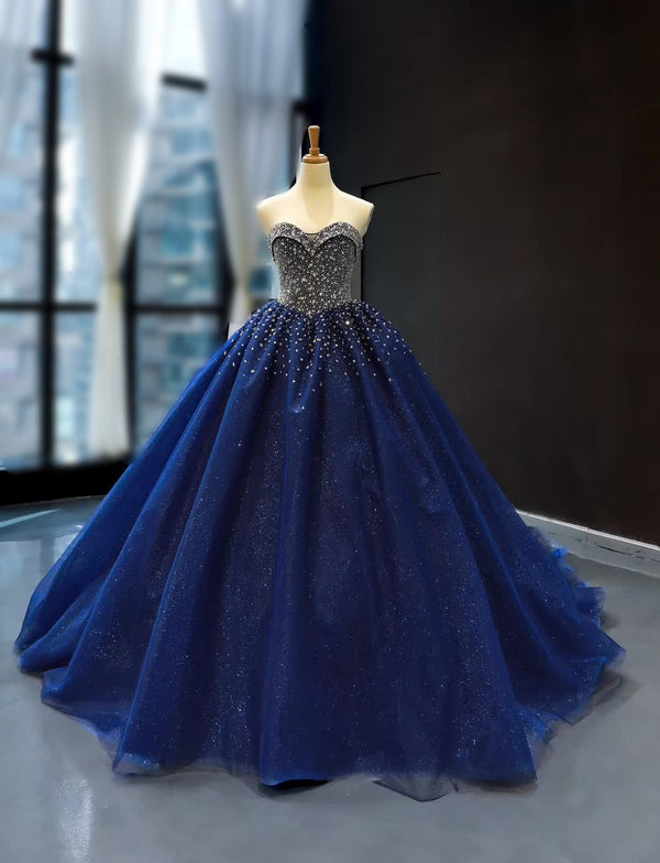 Hand Beaded Sweetheart Navy Ball Gown