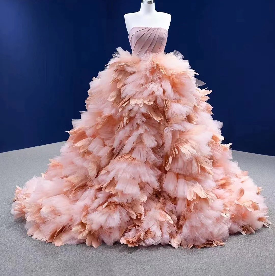 strapless open back dress Pink Elegant Off The Shoulder with Feathers Ruffles Prom Dress, Pink / L main image 1