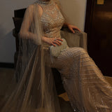 Shoulder Cape Halter Neck Heavily Beaded Gala Evening Dress