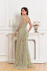 NR23517- One shoulder heavy beaded gown with split