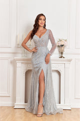 NR23517- One shoulder heavy beaded gown with split