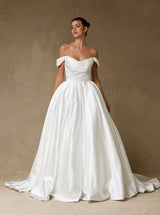 Off-the-Shoulder Satin Ball Gown Wedding Dress with Bow Back – Minimalist Classic Bridal Gown with Train