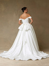 Off-the-Shoulder Satin Ball Gown Wedding Dress with Bow Back – Minimalist Classic Bridal Gown with Train