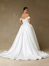 Off-the-Shoulder Satin Ball Gown Wedding Dress with Bow Back – Minimalist Classic Bridal Gown with Train