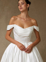 Off-the-Shoulder Satin Ball Gown Wedding Dress with Bow Back – Minimalist Classic Bridal Gown with Train