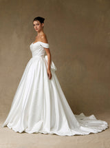 Off-the-Shoulder Satin Ball Gown Wedding Dress with Bow Back – Minimalist Classic Bridal Gown with Train