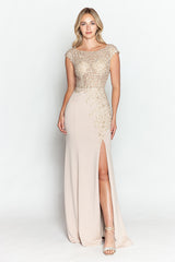 Crystal Bead Embroidery Cap Sleeve Formal Dress