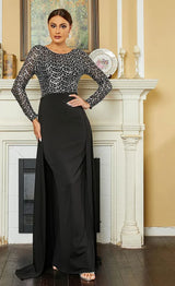 Elegant Black Evening Dress with attached Train - Women's O-Neck Long Sleeve Sequin Patchwork Gown