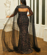 Glamorous Plus Size Mermaid Evening Dress with Sequins, Elegant Cloak Sleeves and Strapless Design