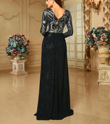 Elegant Black Evening Dress - Women's Long Sleeve V Neck Sequin Bodycon Formal Gown with Train