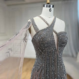 New Luxury High Fashion fully hand Beaded Mermaid gown with high slit and shoulder cape
