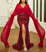 Elegant Plus Size Sequin Evening Dress with extra Long Sleeves and V Neck