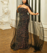 Glamorous Plus Size Mermaid Evening Dress with Sequins, Elegant Cloak Sleeves and Strapless Design
