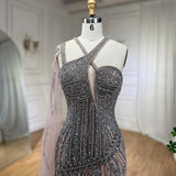 New Luxury High Fashion fully hand Beaded Mermaid gown with high slit and shoulder cape