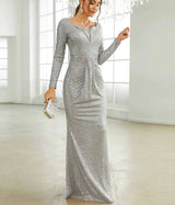 New Elegant Shimmery Long Sleeve Square Collar Bodycon Party Dress