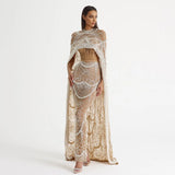Luxury Evening Dress With cape and Han beaded pearls