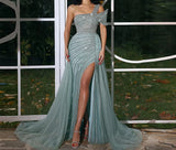 Elegant Handcrafted One shoulder cap sleeve Split Evening Dress.