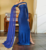 Sexy Glitter Blue One shoulder Evening Prom Bridesmaid Dress with Split and cape