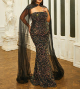 Glamorous Plus Size Mermaid Evening Dress with Sequins, Elegant Cloak Sleeves and Strapless Design