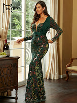Elegant Green Mermaid Party Dress with Sequined Flower Pattern and Long Sleeves - Perfect for Weddings, Proms, and Formal Events