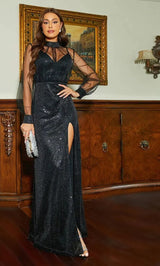New elegant Black Glitter high Neck Lantern Mesh long Sleeve with split evening and party dress
