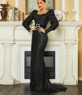 Elegant Black Mermaid Evening Dress with Lantern Sleeves and Sequin Belt