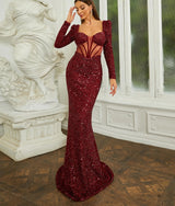 Elegant and sophisticated Red Sequin Prom Dress with deep Sweetheart Neck & Long Sleeve